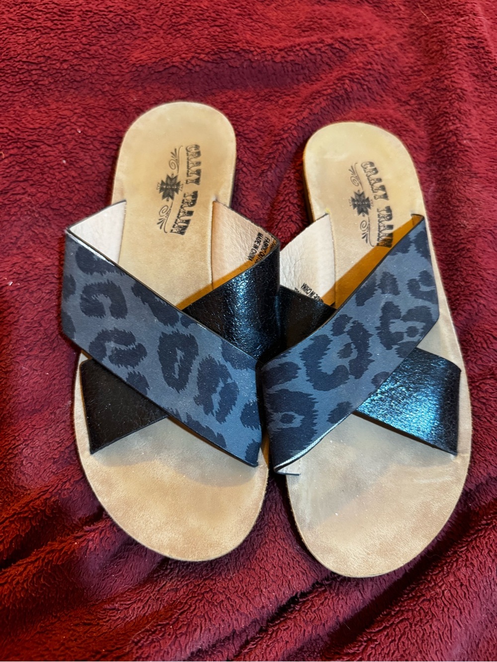Crazy Train Black Leopard Print Crossband Slide Sandals